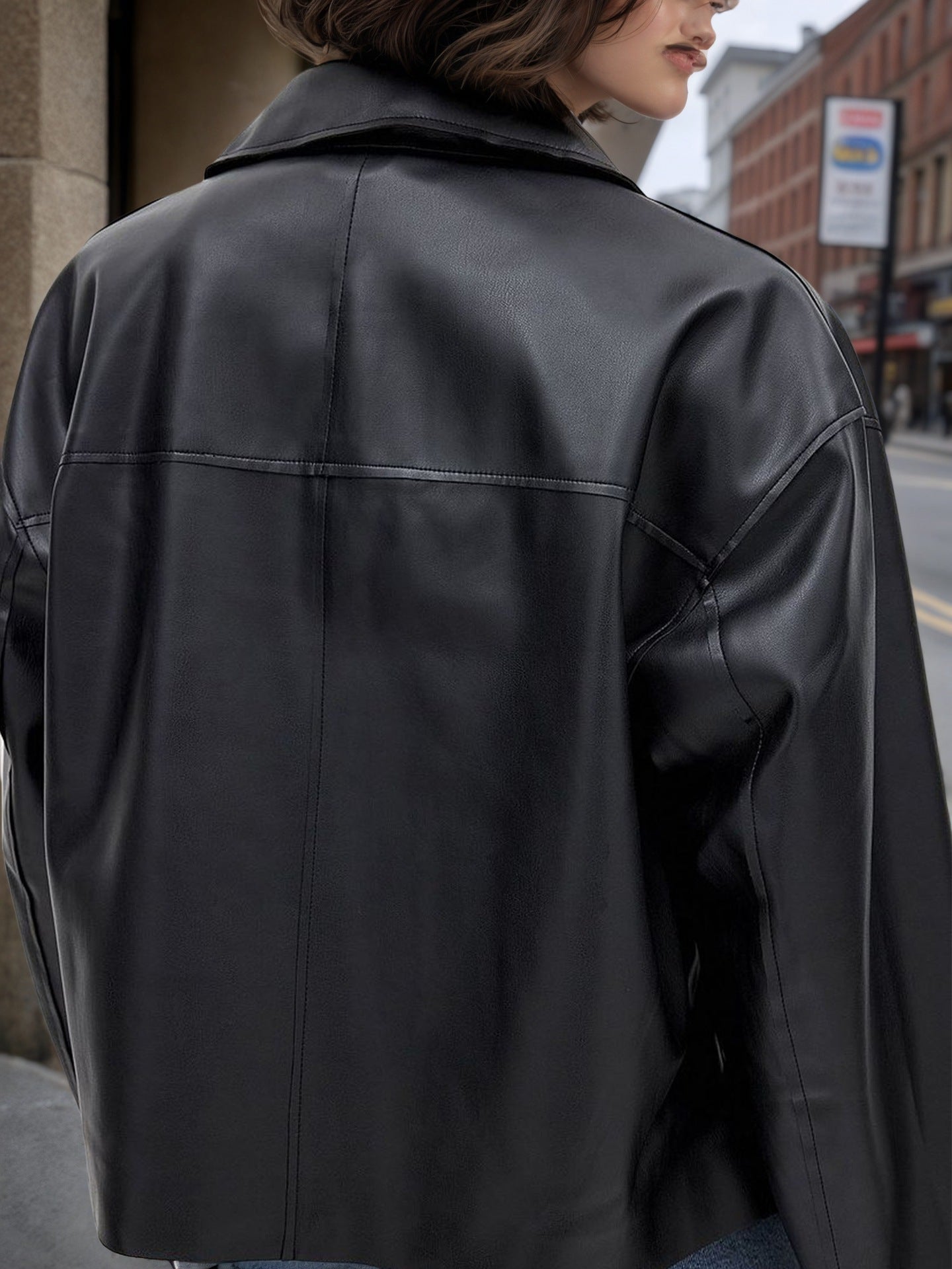 Black Faux Leather Bomber Jacket for Women with Zip Front