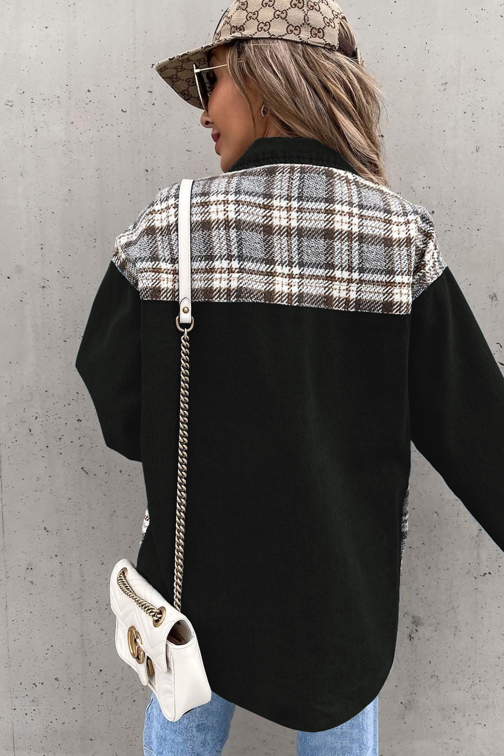 Black Plaid Patchwork Oversized Denim Shirt Jacket for Women