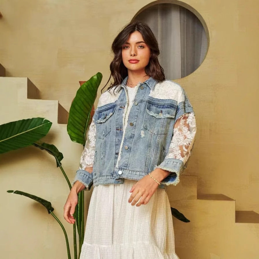 Mesh Spliced Oversized Denim Jacket with Lace Sleeves