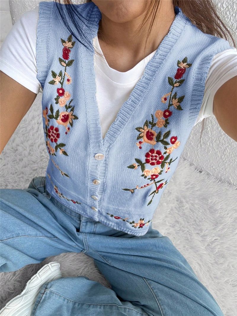 Embroidered Knitted Sweater Women’s Vest Floral Button Front Crop