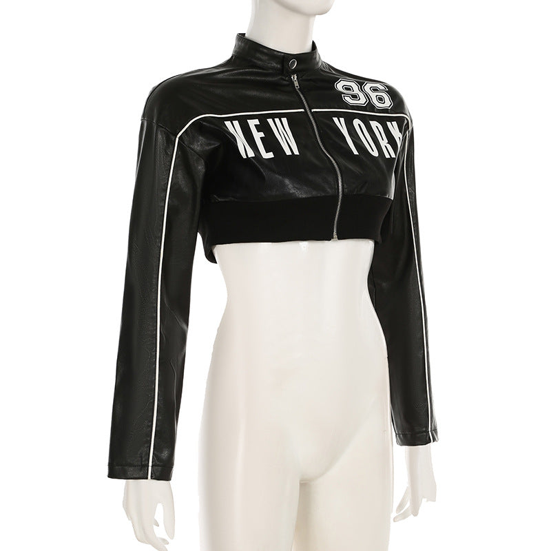 Cropped Faux Leather Jacket Women Moto Bomber Style