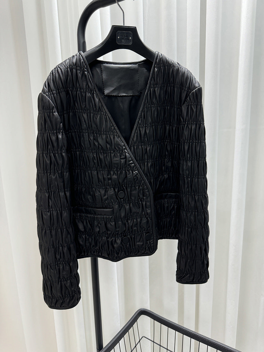 Women Leather Pleated Jacket Quilted V-Neck Short Coat