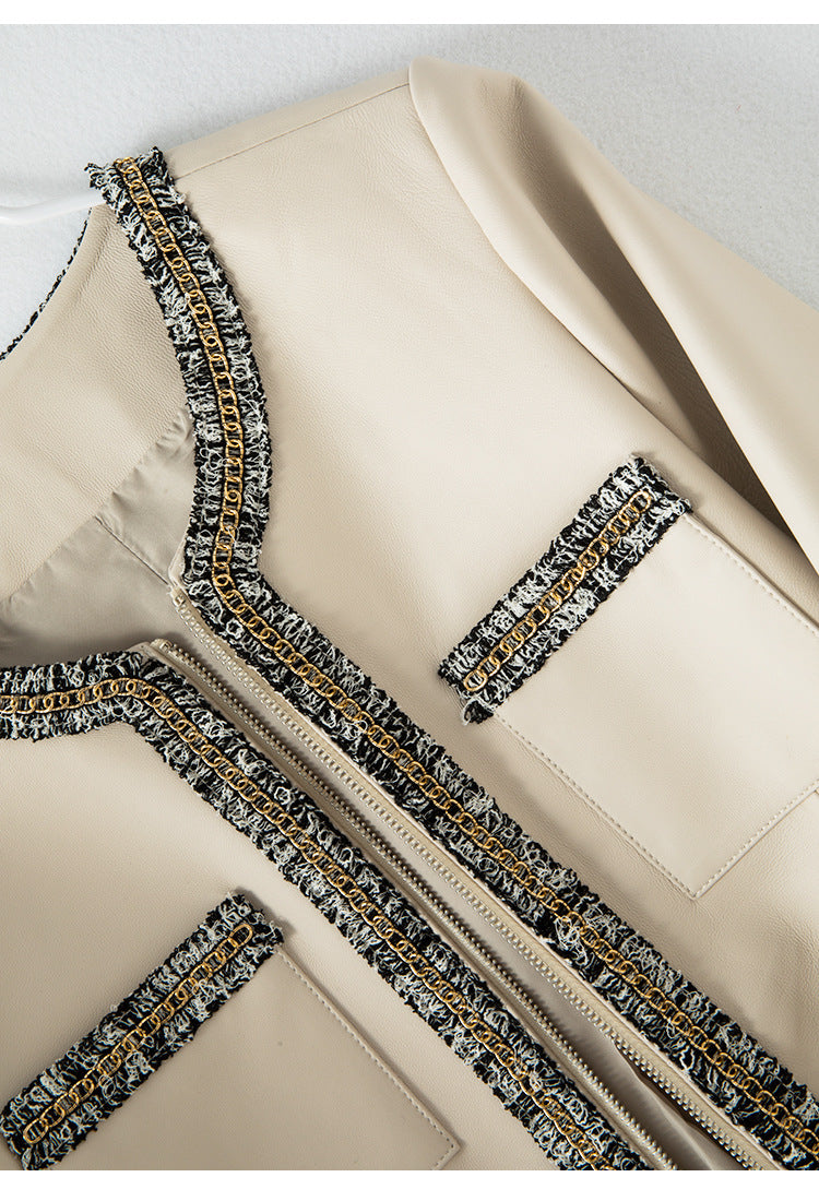 Women’s Leather Jacket with Chain Trim and Tweed Edge