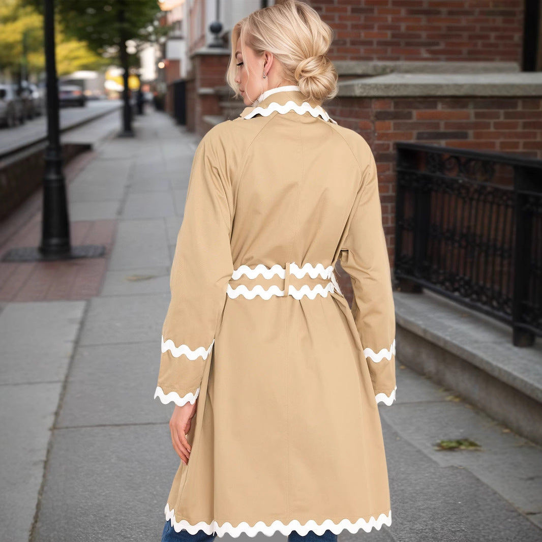 Beige Double-Breasted Trench Coat with White Wave Trim for Women
