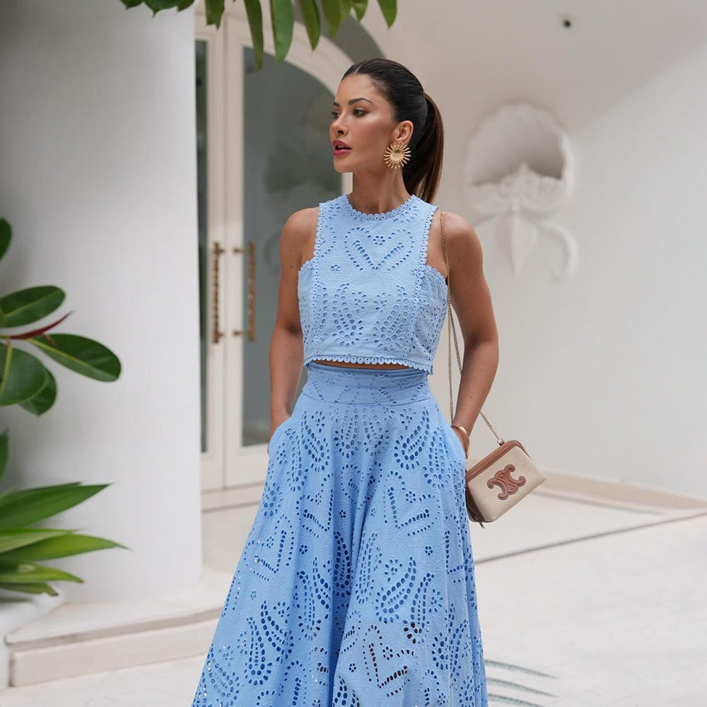 Women’s Lace Embroidered Hollow Two-Piece Midi Skirt Set