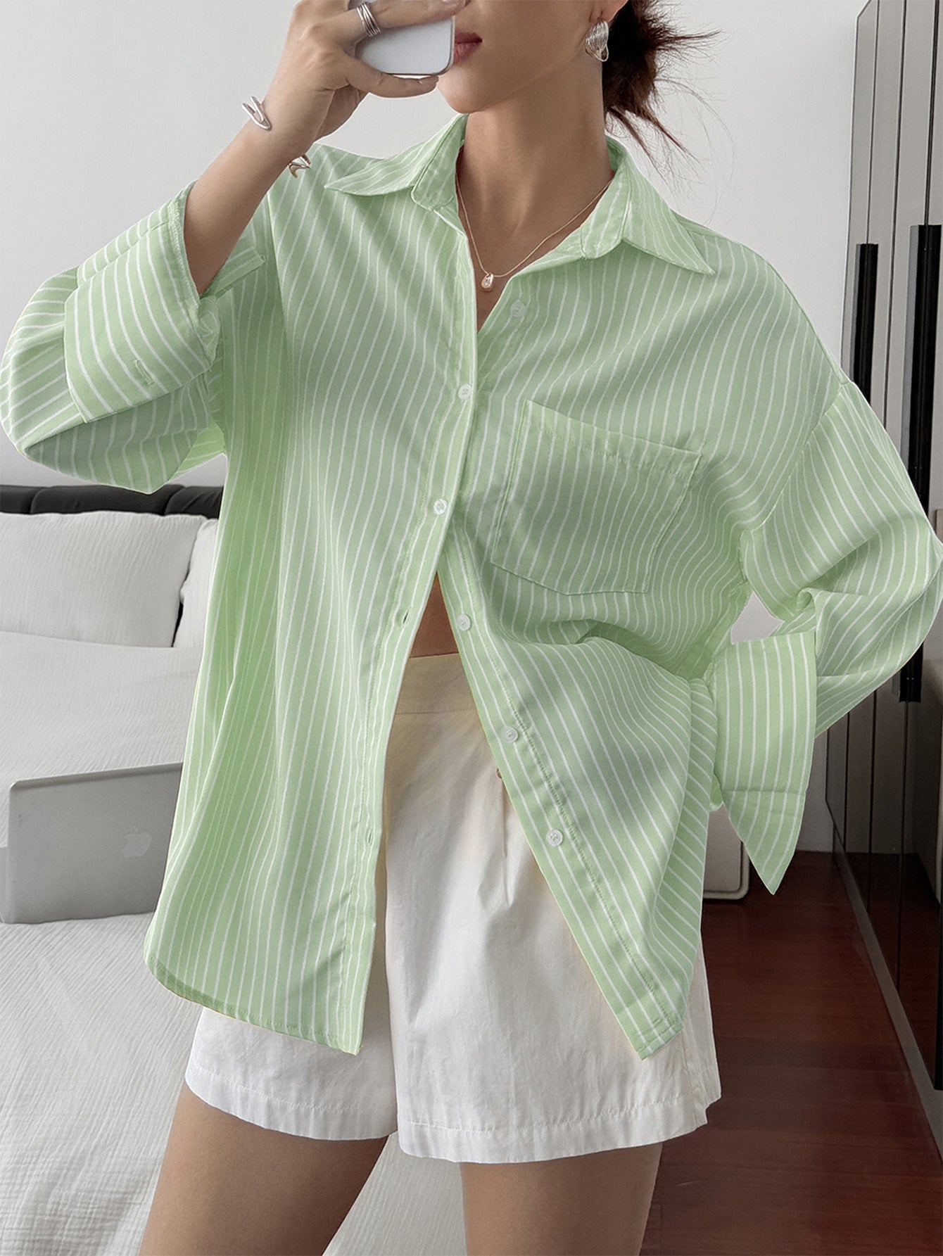 Women Drop Shoulder Button Down Shirt