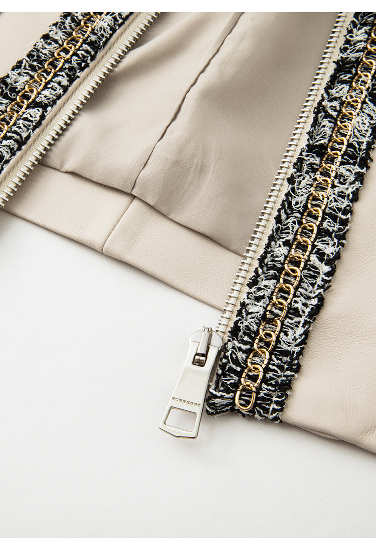 Women’s Leather Jacket with Chain Trim and Tweed Edge