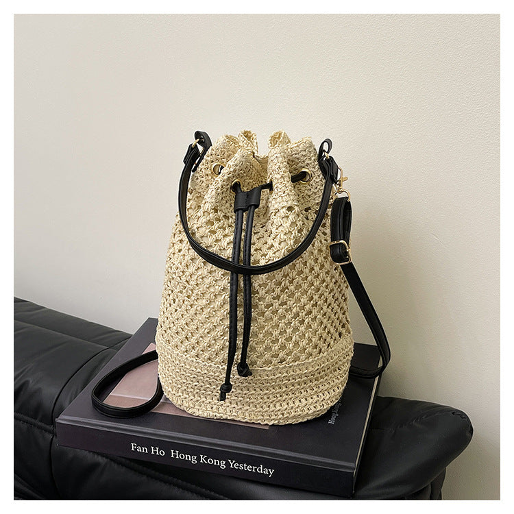 Straw Beach Bucket Bag for Women with Leather Strap