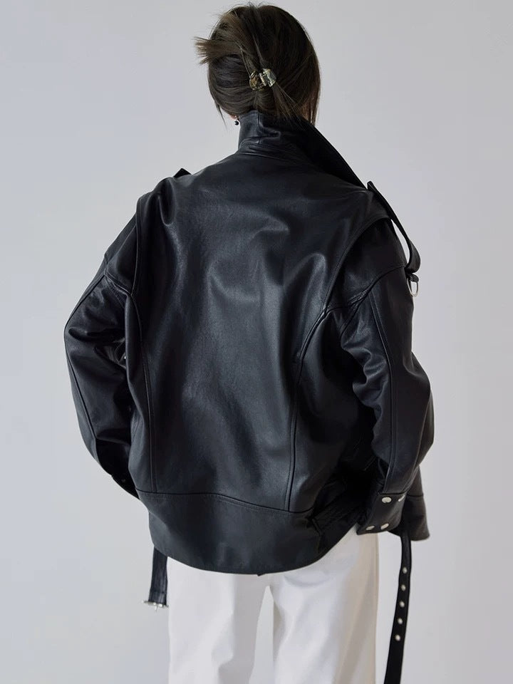 Women Oversized Genuine Leather Motorcycle Jacket Retro Washed
