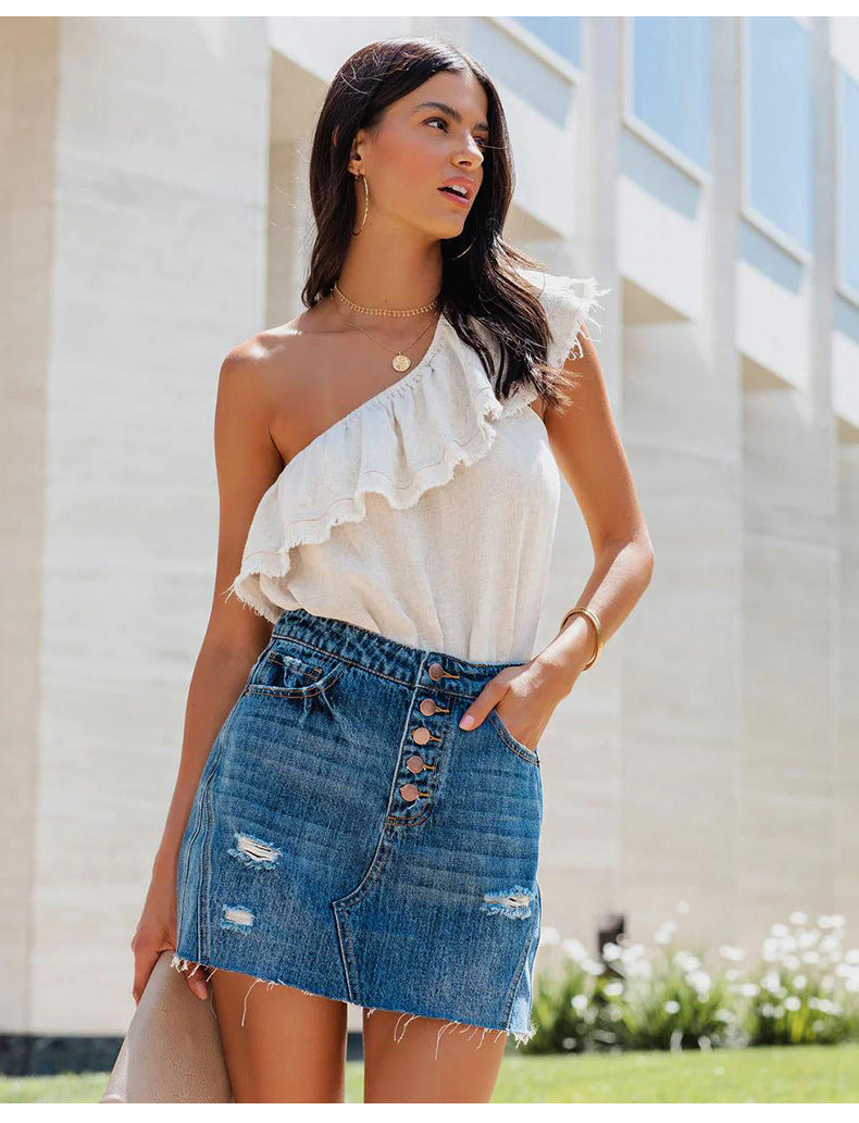 Ripped Washed Denim Mini Skirt with Multi-Button Front
