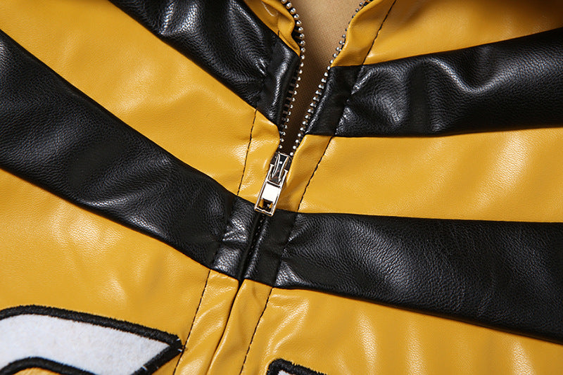 Yellow and Black Faux Leather Biker Jacket Women