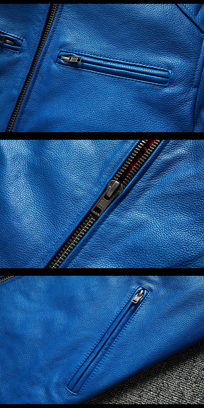 Blue Leather Biker Jacket for Men Slim Fit Motorcycle Style