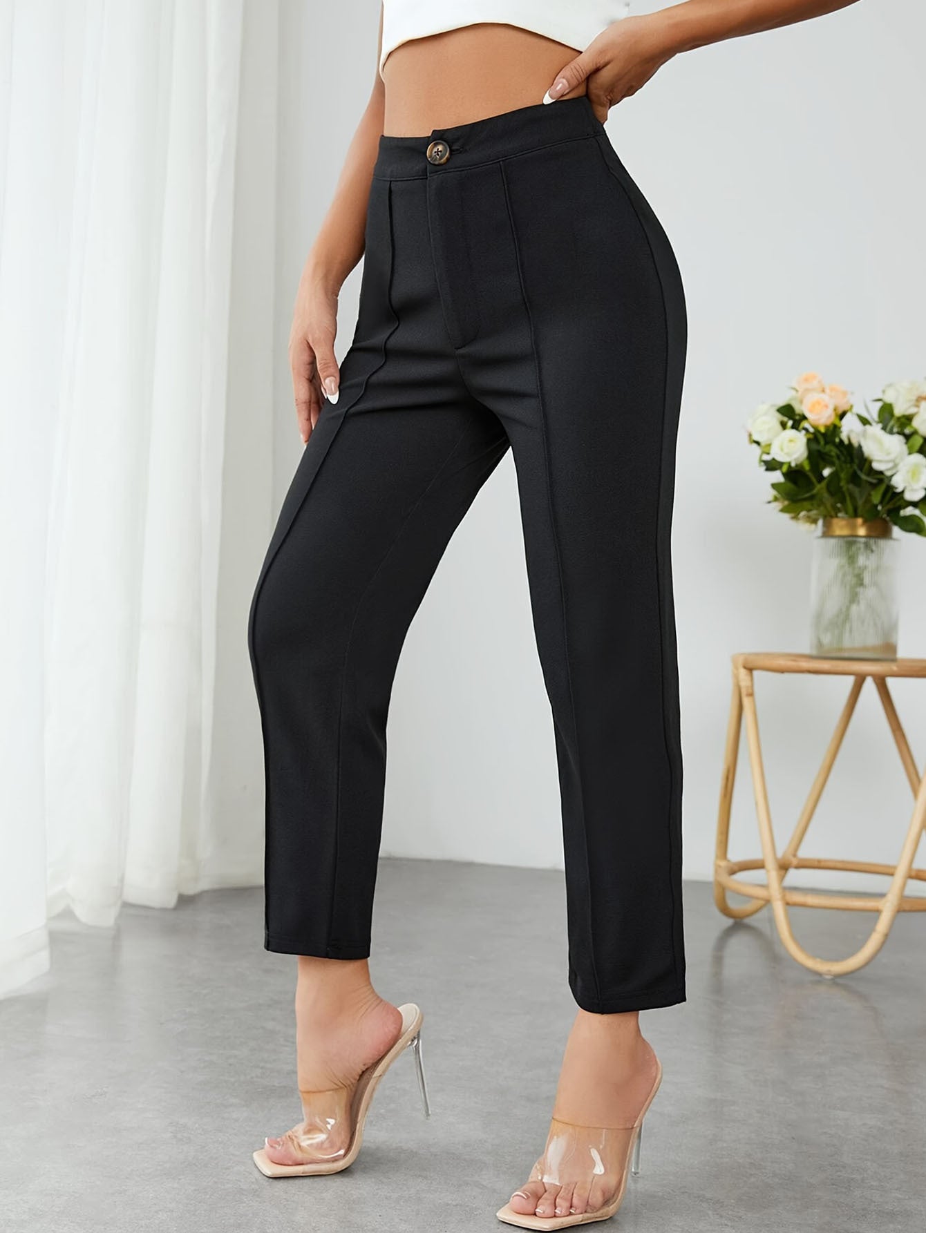 Women High-Waisted Black Trousers Pants