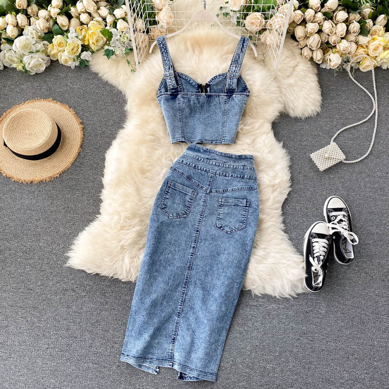 Women’s Denim Two Piece Skirt Set with Zipper Crop Top