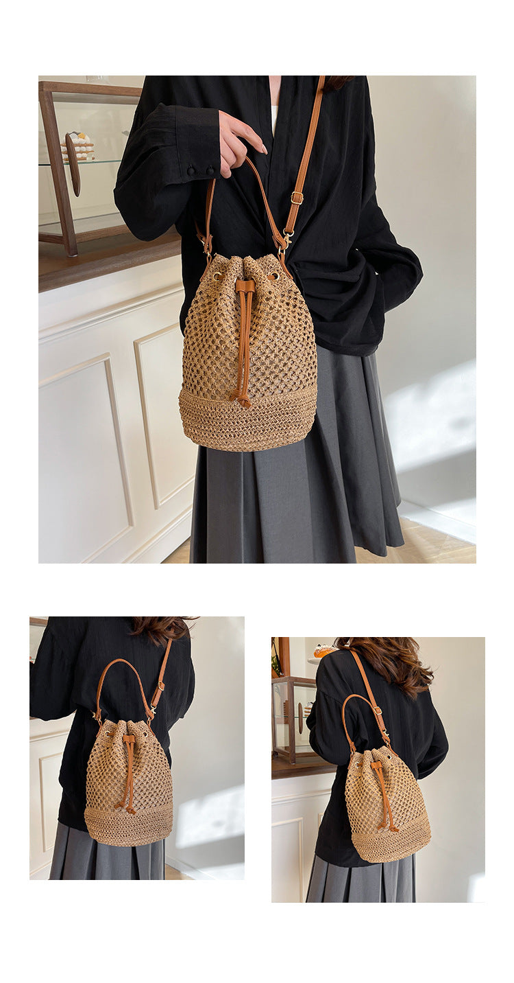 Straw Beach Bucket Bag for Women with Leather Strap