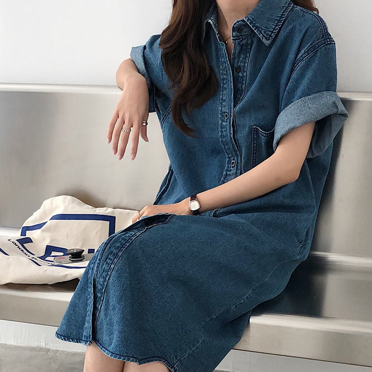 Short Sleeve Denim Shirt Dress for Women Loose Jean
