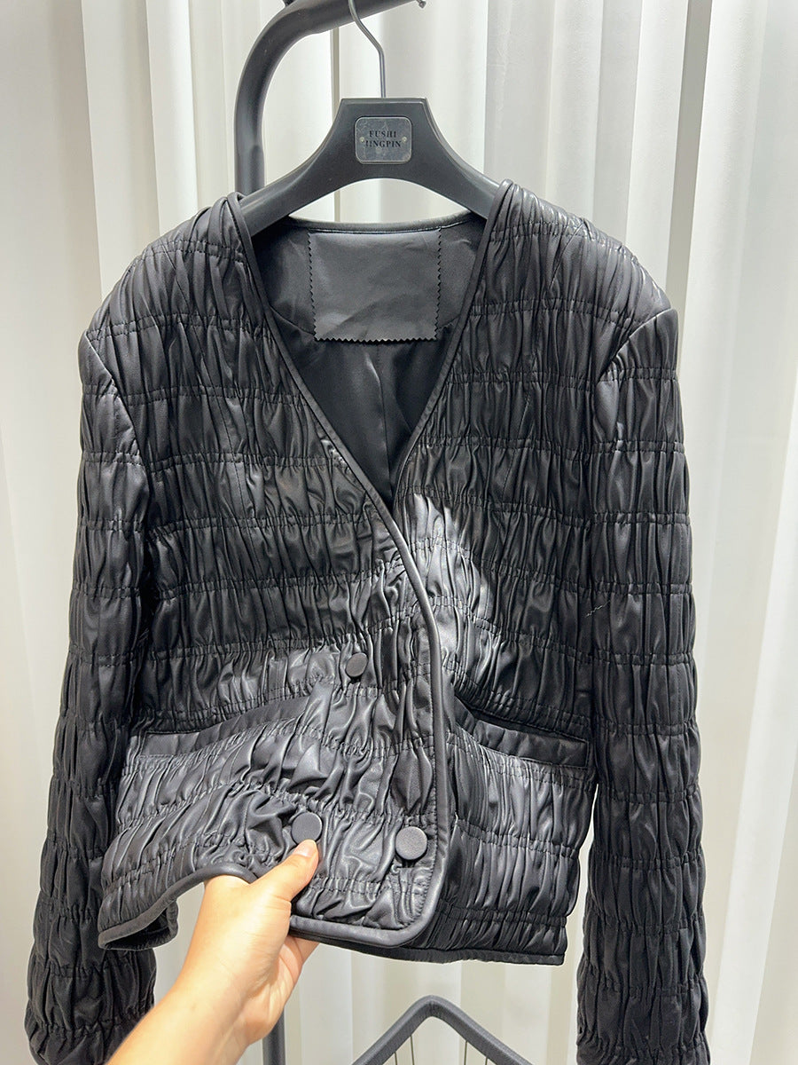 Women Leather Pleated Jacket Quilted V-Neck Short Coat