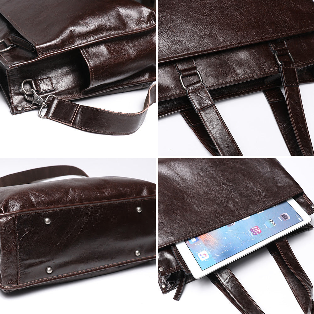 Leather Men's Business Laptop Briefcase with Shoulder Strap