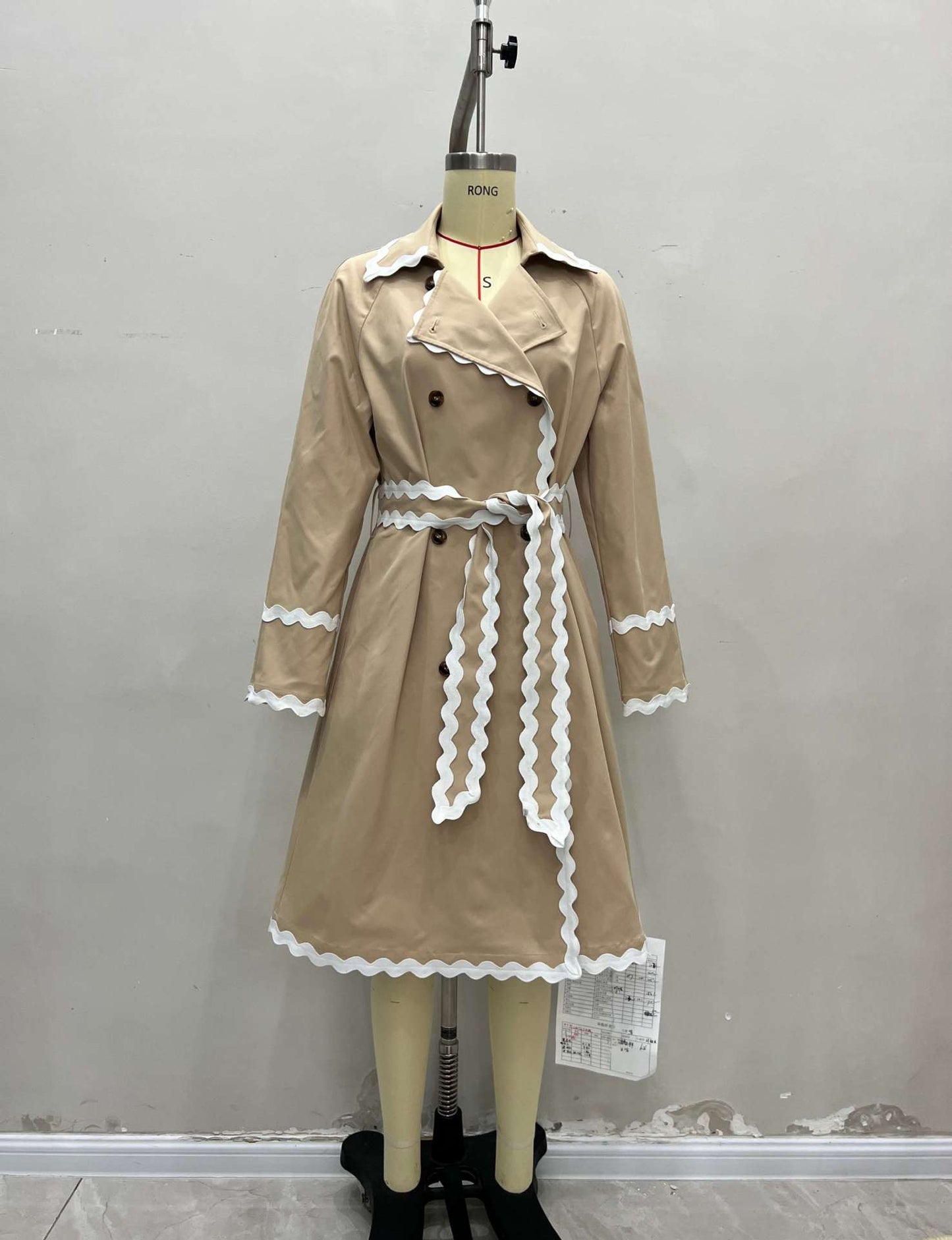 Beige Double-Breasted Trench Coat with White Wave Trim for Women