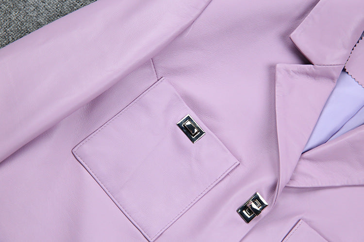Women Cropped Pink Leather Jacket With Metal Lock