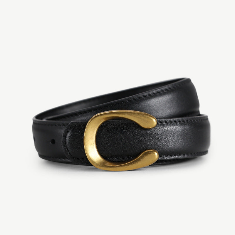 Women’s Black Leather Belt with Slim Gold C Buckle
