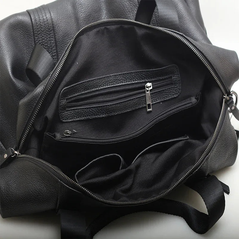 Black Leather Commuter Travel Duffle Bag
