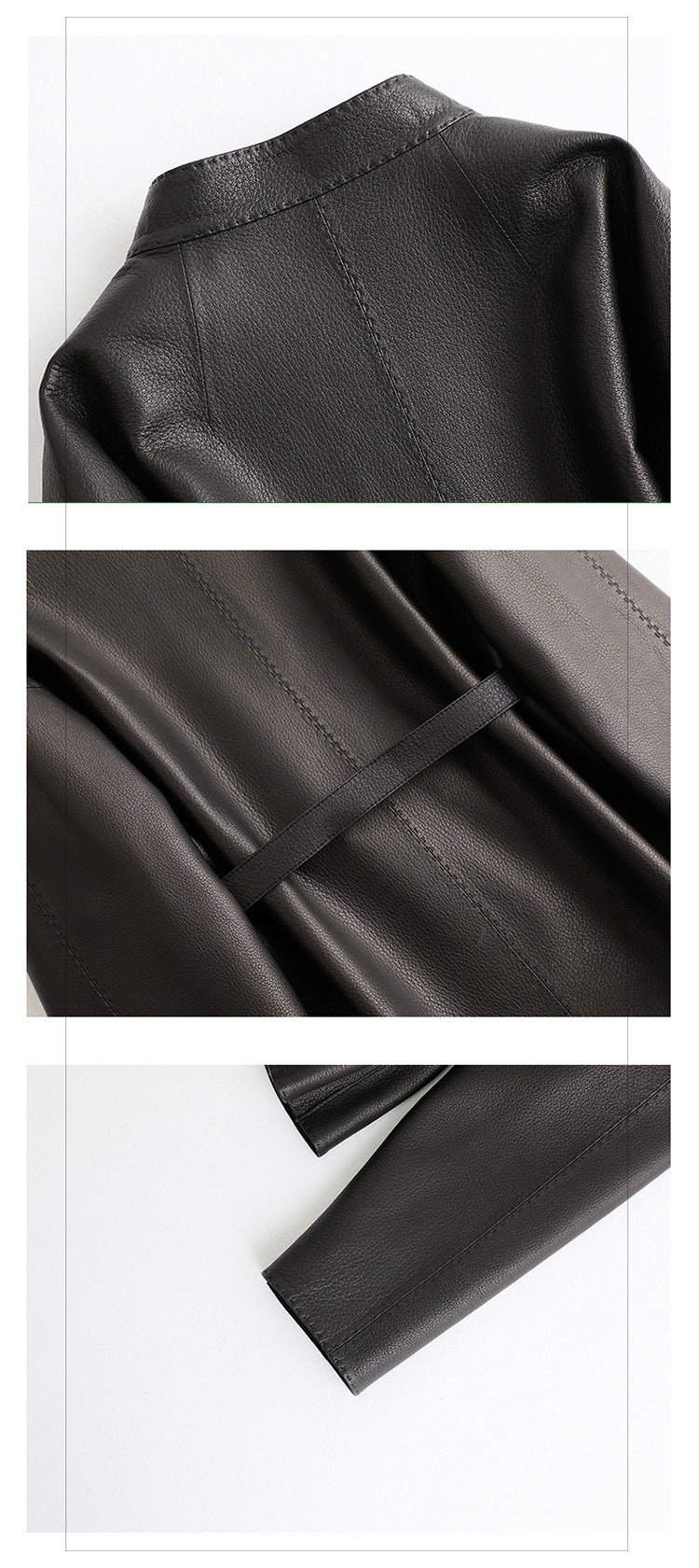 Women Leather Jacket Lychee Grain Belted Short Coat