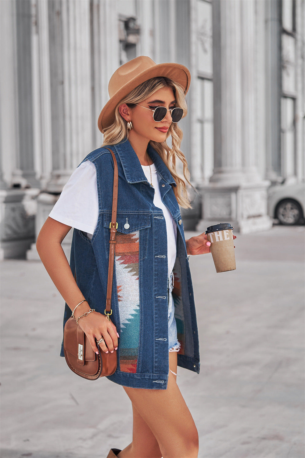 Aztec Pattern Blue Denim Vest Women’s Loose Fit