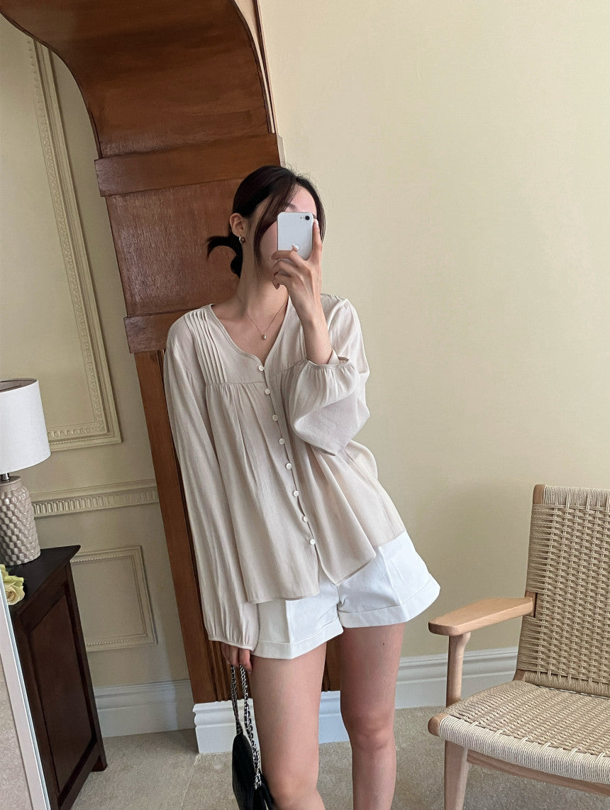 Women's Button Front Puff Sleeve Blouse