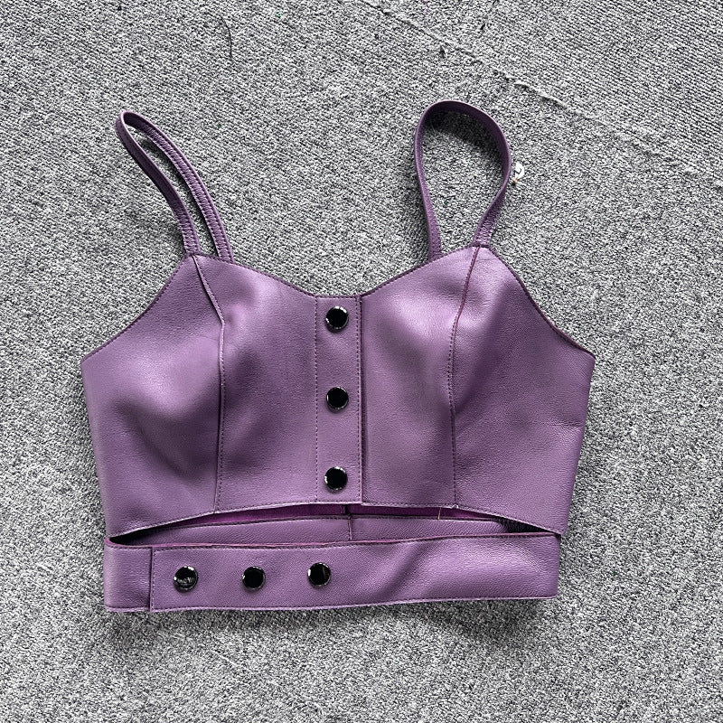 Leather Camisole Vest Cropped Corset Top with Snap Belt