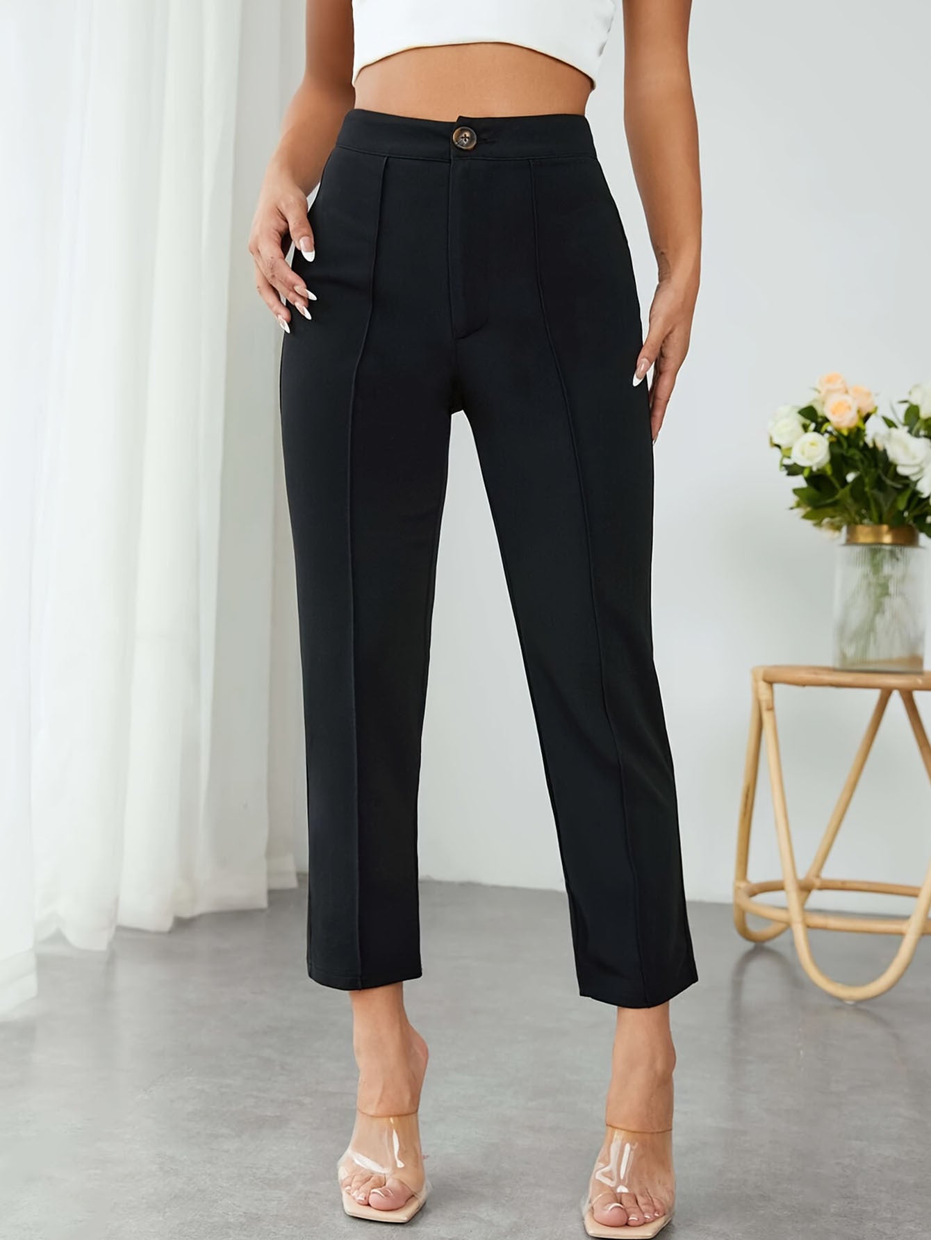 Women High-Waisted Black Trousers Pants