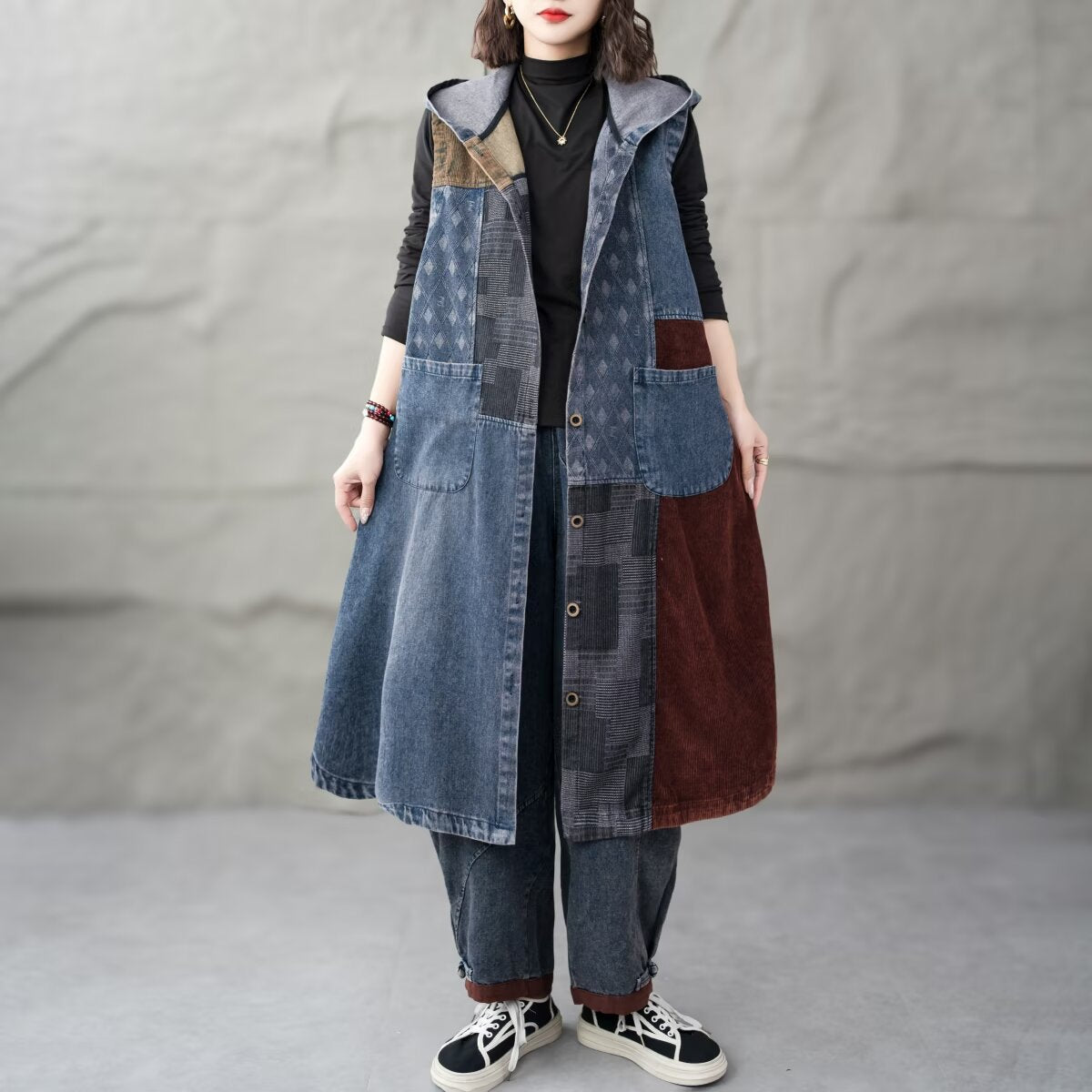 Patchwork Hooded Sleeveless Denim Dress for Women