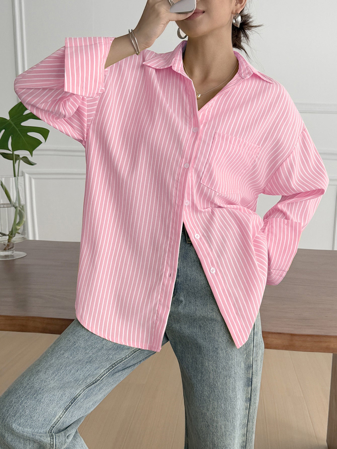 Women Drop Shoulder Button Down Shirt