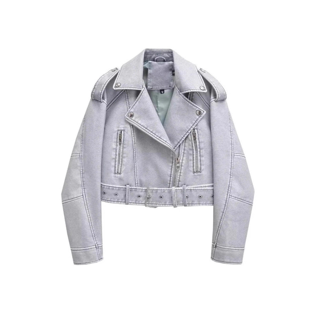 Women’s Short Faux Leather Motorcycle Jacket with Waist Belt