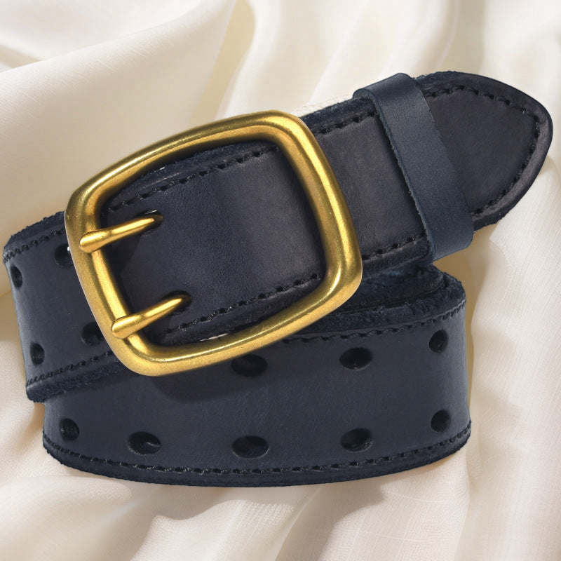 Men’s Genuine Leather Belt with Double Row Holes