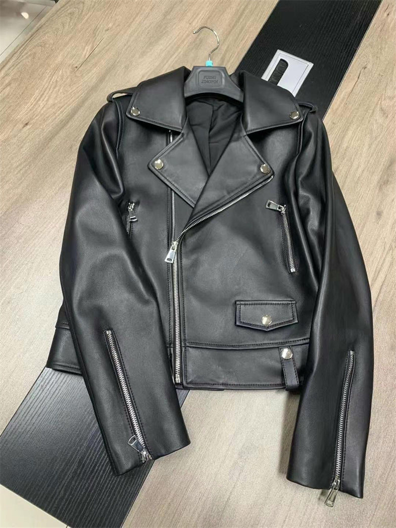 Women’s Genuine Leather Bomber Moto Jacket Black Short Fit