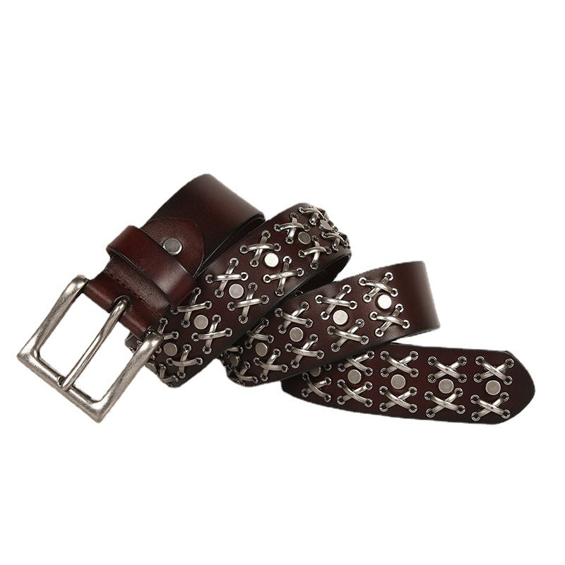 Genuine Leather Punk Belt with Silver Cross Rivets