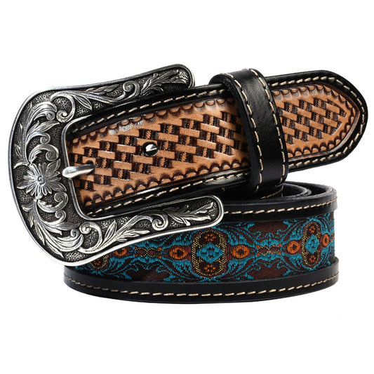 Genuine Leather Belt with Retro Carved Buckle and Ethnic Ribbon