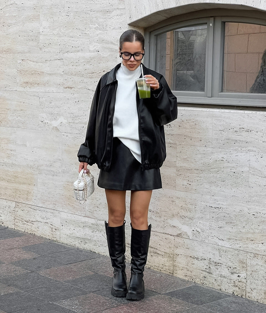 Oversized Faux Leather Jacket for Women