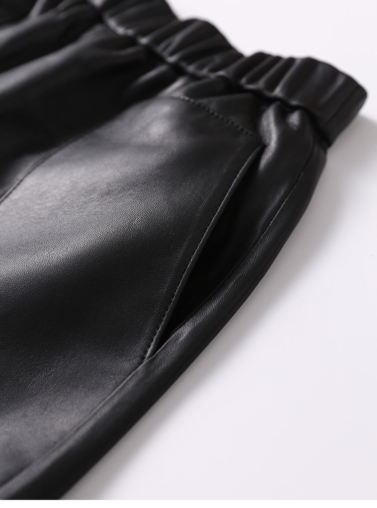 Women’s Genuine Sheepskin Leather High Waist Shorts with Pockets