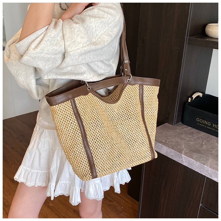 Woven Straw Beach Bag with PU Leather Trim