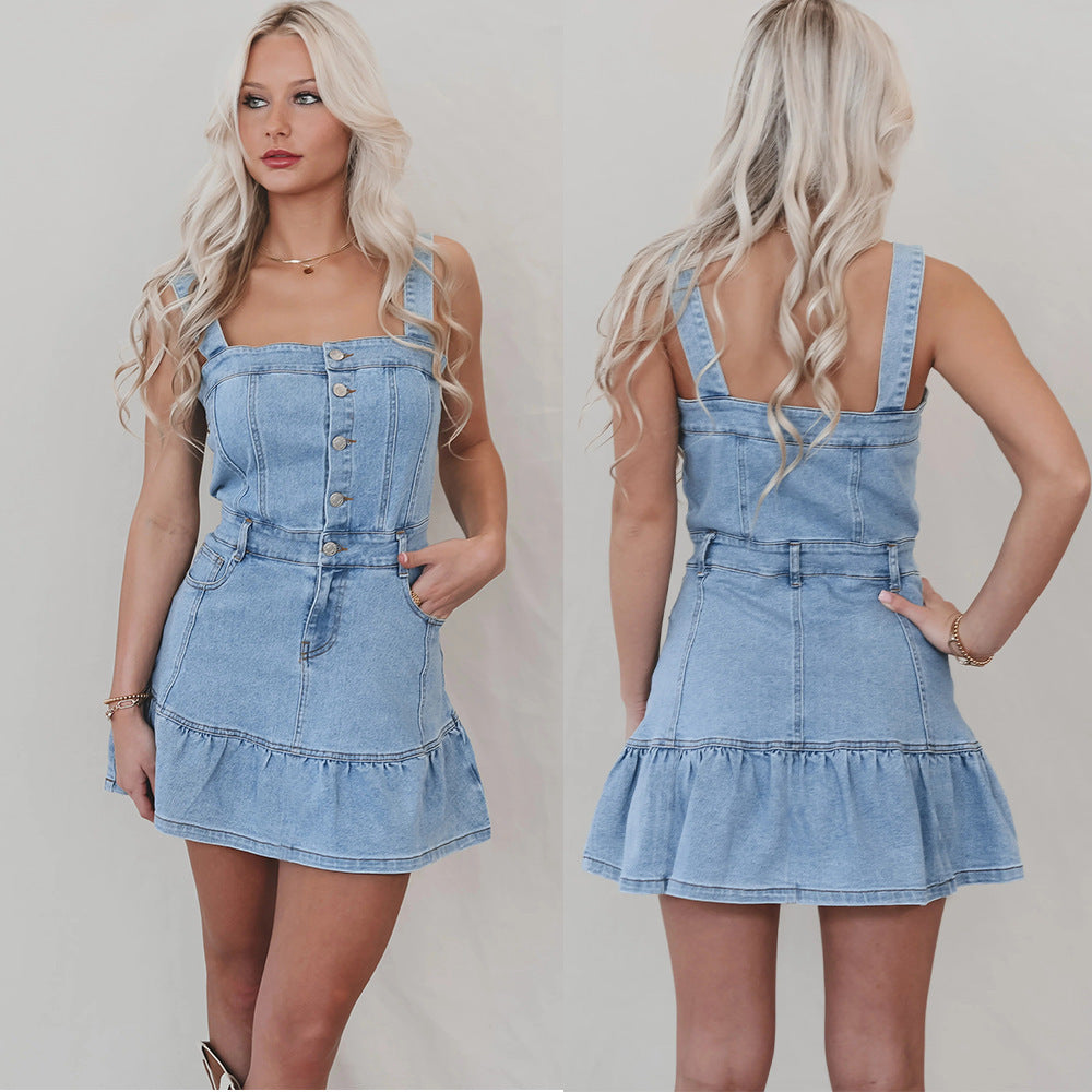 Women’s Sleeveless Mini Denim Dress – Blue Jean Summer Dress