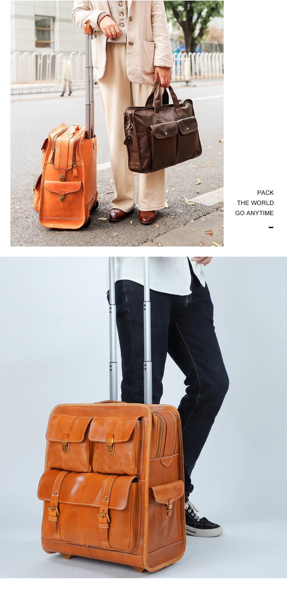 Leather Carry On Trolley Suitcase Cabin Bag with Wheels