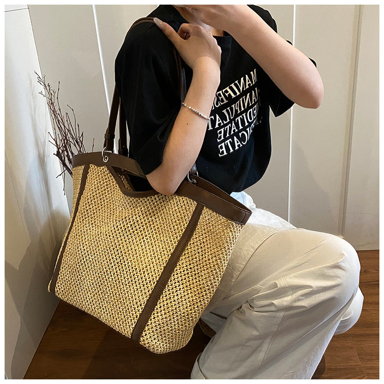 Woven Straw Beach Bag with PU Leather Trim