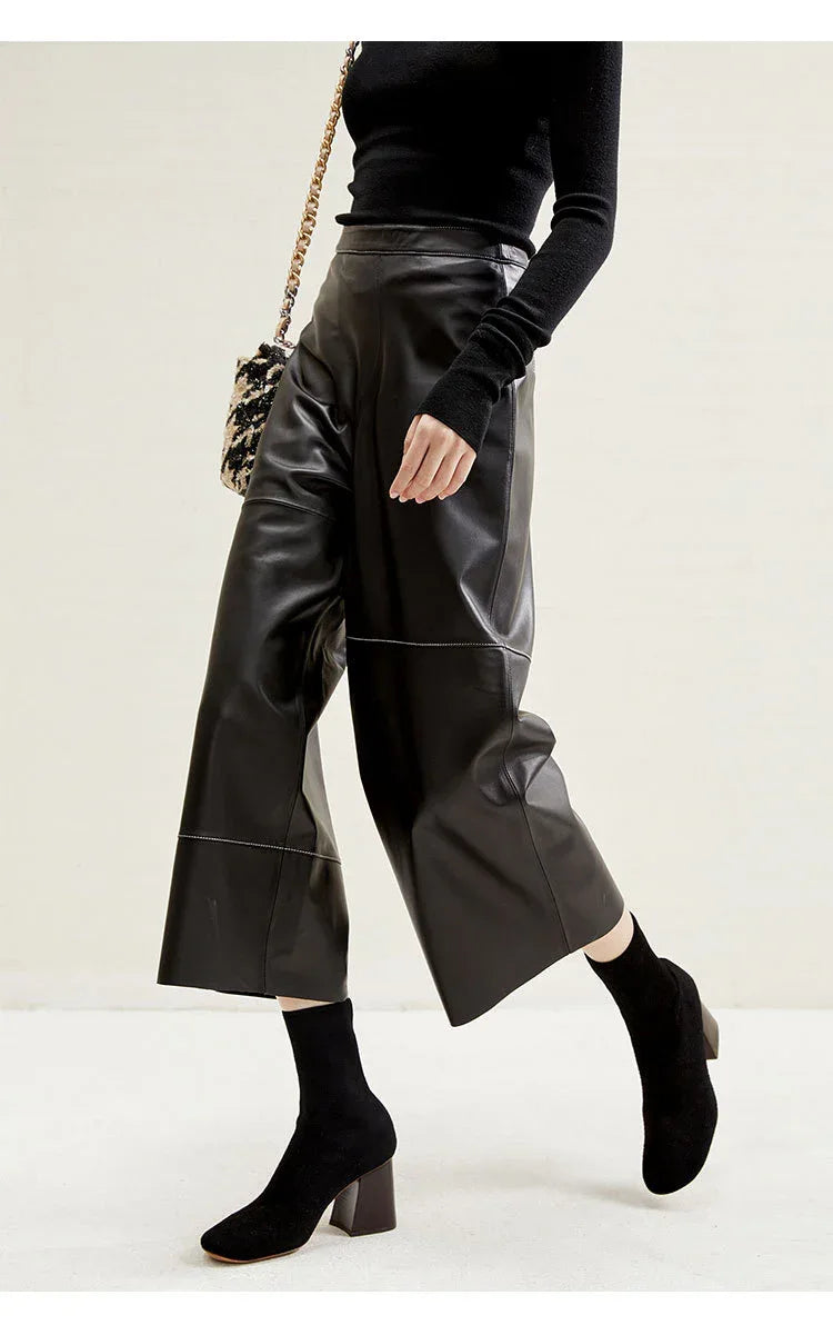 Irregular Cut Leather Wide Leg Pants for Women Cropped Straight Fit