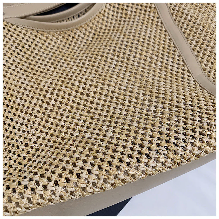 Woven Straw Beach Bag with PU Leather Trim