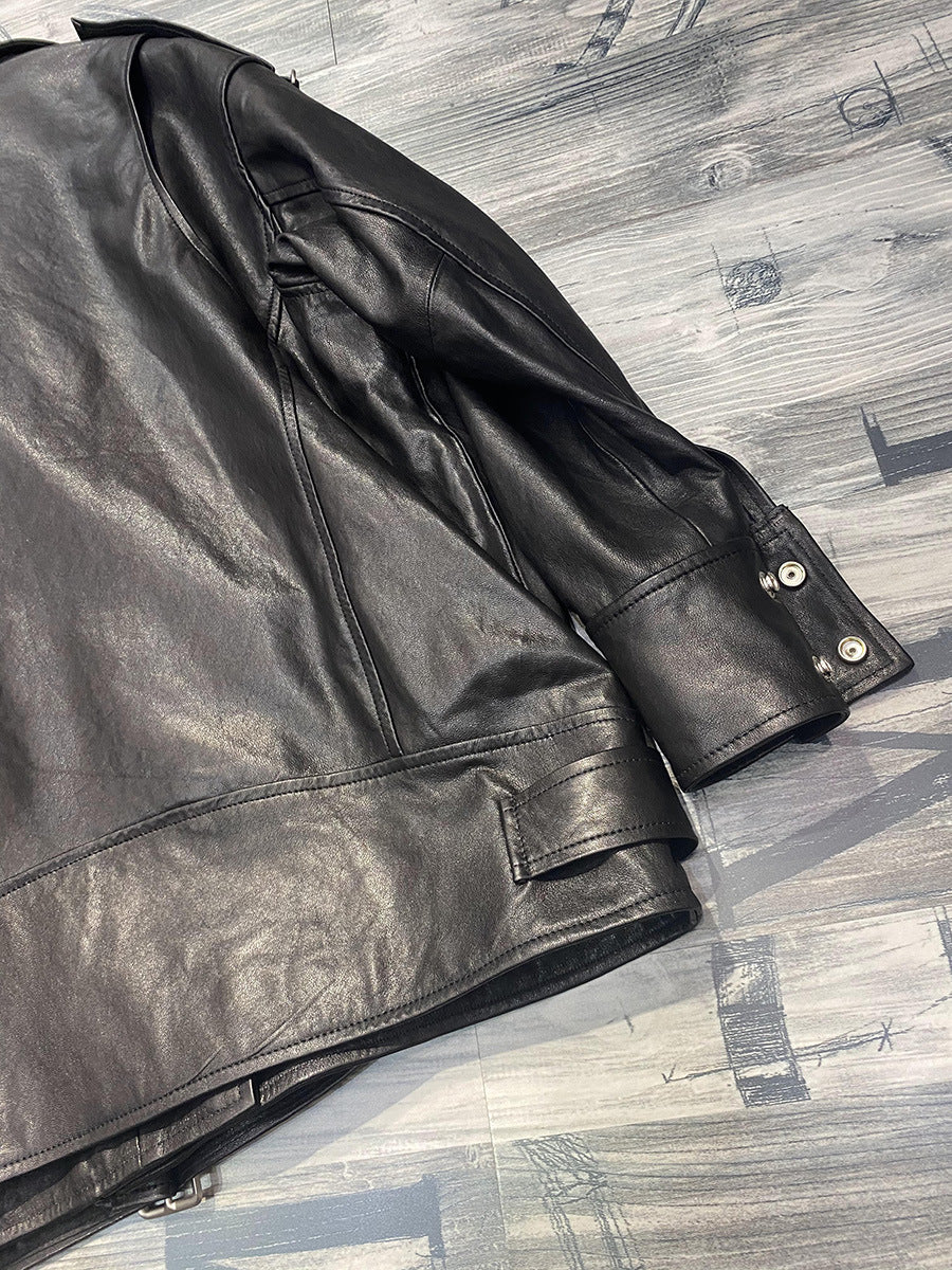 Women Oversized Genuine Leather Motorcycle Jacket Retro Washed