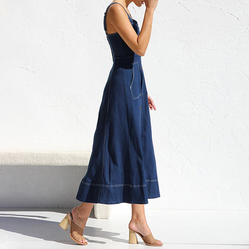 Denim Overall Long Dress with Buttons and Pockets for Women