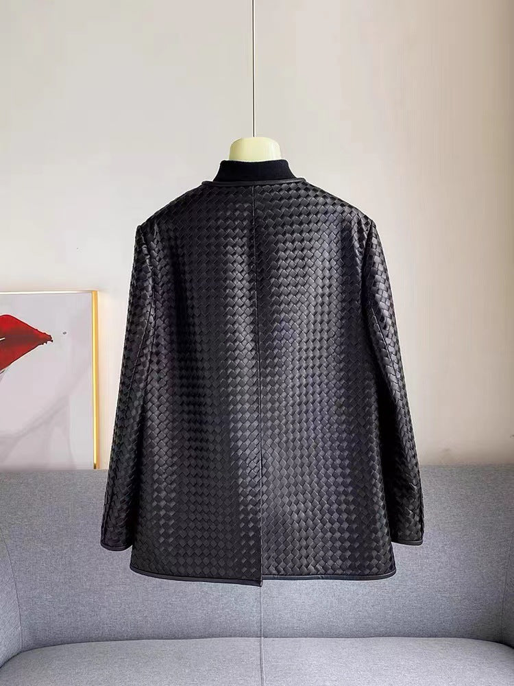 Leather Woven Jacket for Women Loose Fit Suit Style Blazer