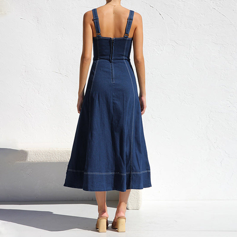 Denim Overall Long Dress with Buttons and Pockets for Women